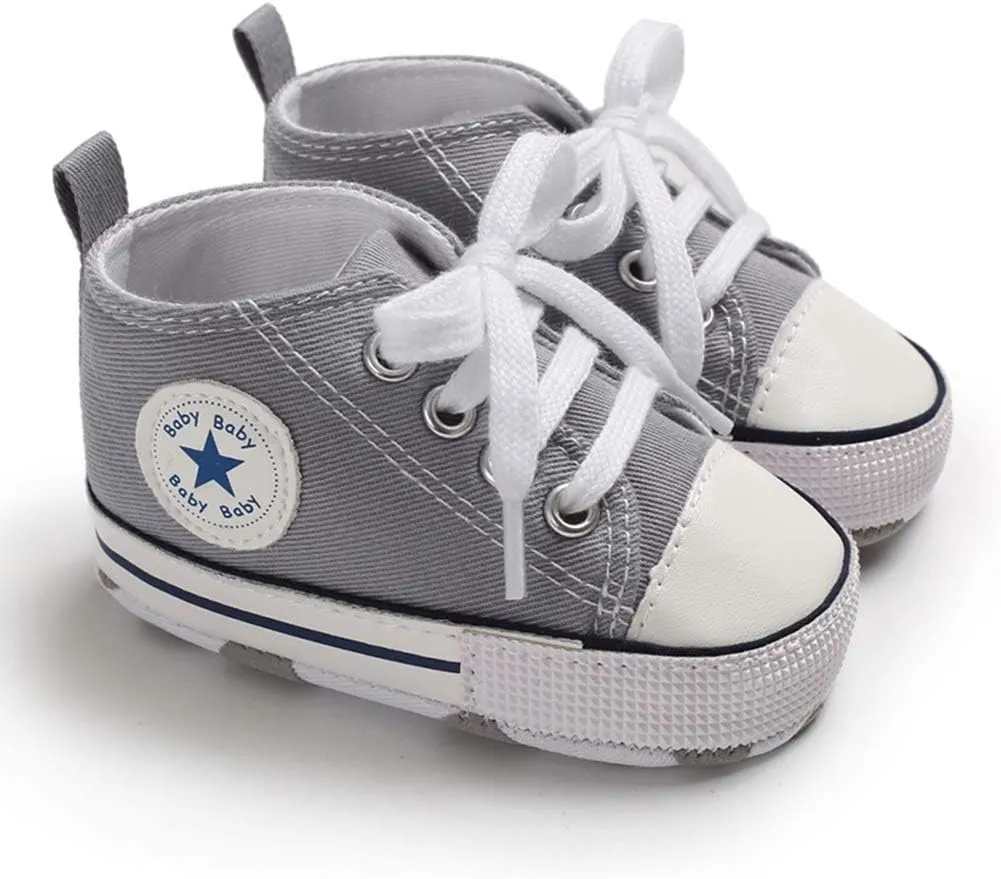 Unisex Baby Soft Sole Sneakers, Canvas Denim High Top, Newborn Infant First Walkers