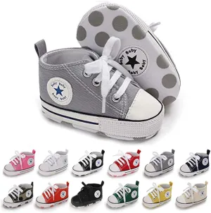 Unisex Baby Soft Sole Sneakers, Canvas Denim High Top, Newborn Infant First Walkers