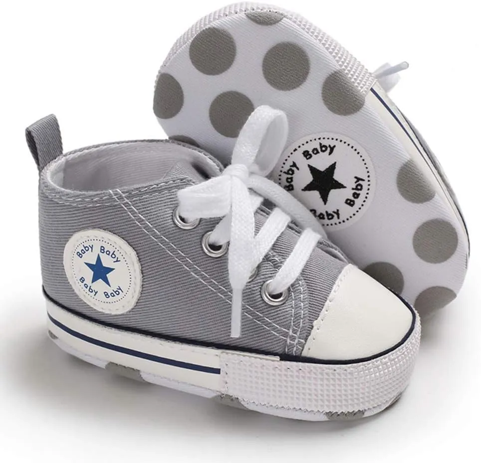 Unisex Baby Soft Sole Sneakers, Canvas Denim High Top, Newborn Infant First Walkers