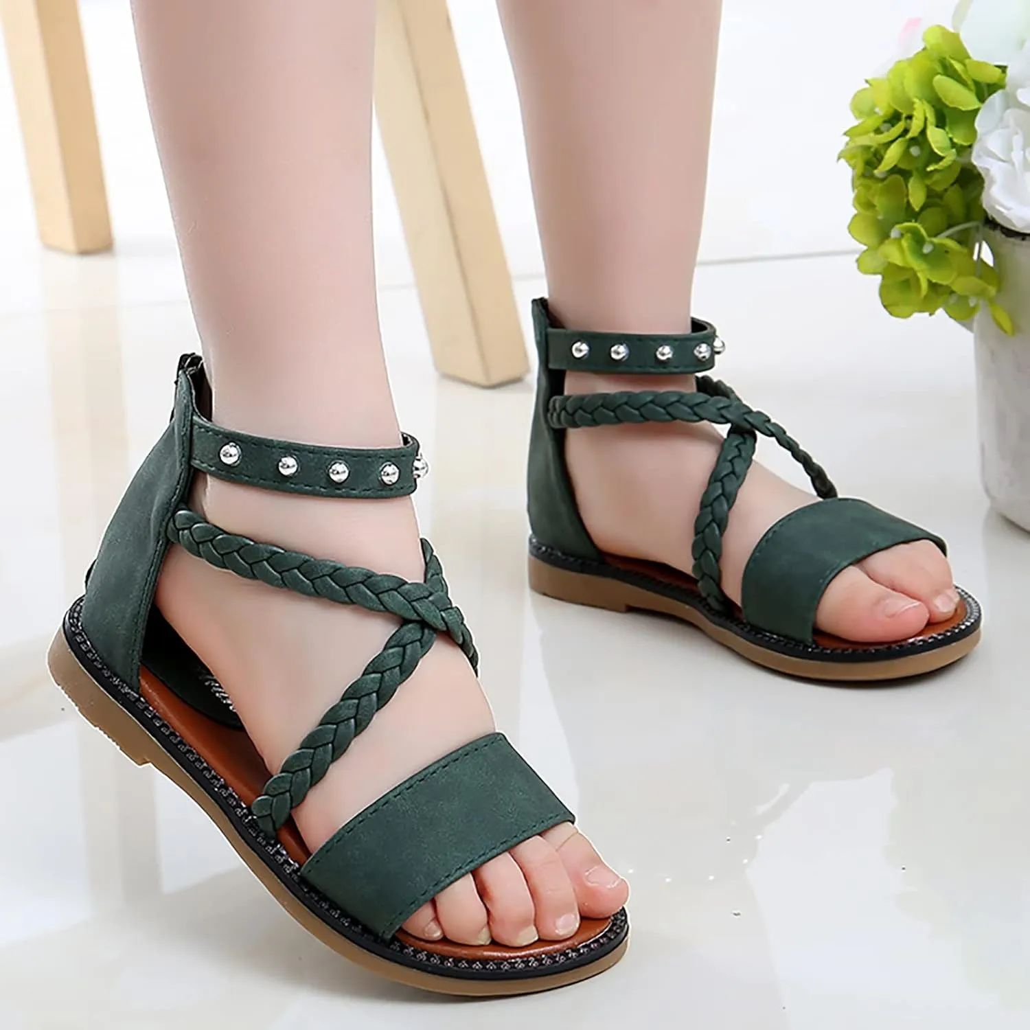 Unisex Toddler House Shoes Girls Sandals Princess Shoes Soft Sole Beach Sandals Kids Roman Shoes for 4 to12 Years