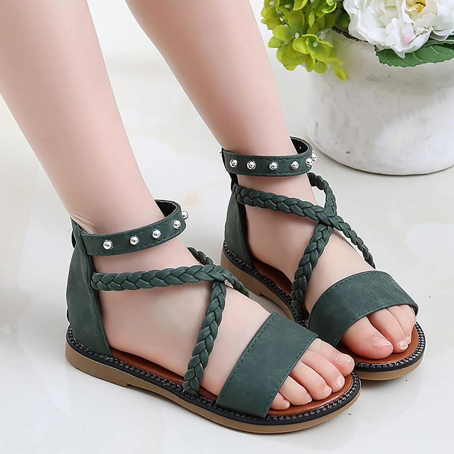 Unisex Toddler House Shoes Girls Sandals Princess Shoes Soft Sole Beach Sandals Kids Roman Shoes for 4 to12 Years