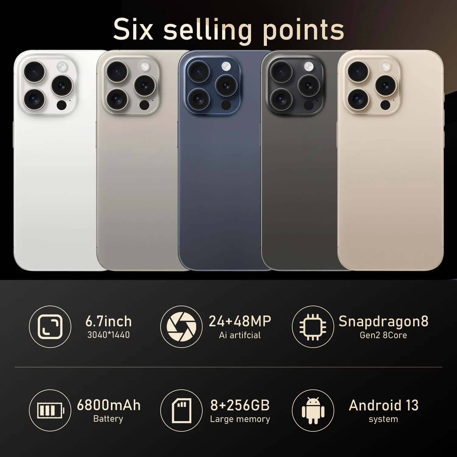 Unlocked Android Phones, A15 Smartphones, 6800mAh 8 256GB, Ultra-Slim 6.7" Screen Mobile Phones, Android 13 NFC AGPS, 48MP AI Camera 5G Dual SIM Unlocked Cell Phone (Gold)