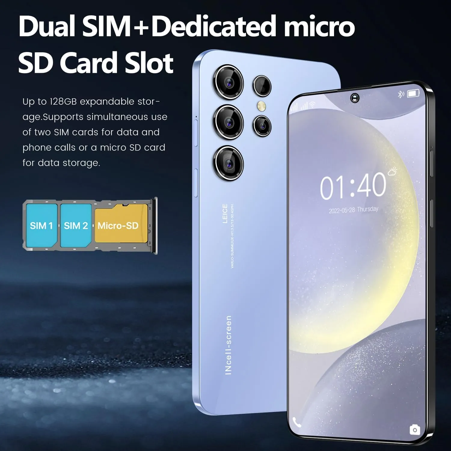 Unlocked Android Smartphone SM24 Ultra 5G Network Dual SIM Cellphone 6.5 inch Screen, 4000mAh, 4GB RAM and 128GB ROM (Blue)
