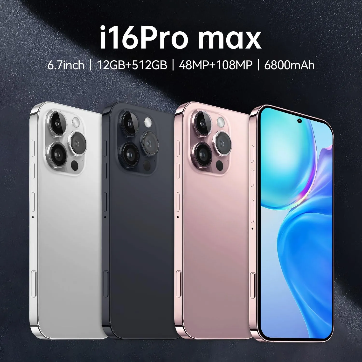 Unlocked Cell Phones A16 PROMAX, 6800mAh Long Lasting6.7 inch HD Screen Phone, Android 14 Smartphone, 12GB 512GB Android Phone, 108MP 48MP Camera Face ID/5G/Dual SIM/Bluetooth Gold