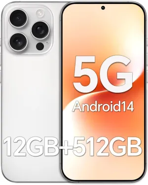 Unlocked Phones P16 Promax, 6.7" HD Screen Cell Phone with Android 14, 12GB 512GB, 108MP 48MP Camera Unlocked Smartphone, 7000mAh Battery/5G/Dual Sim/Face ID/GPS, White