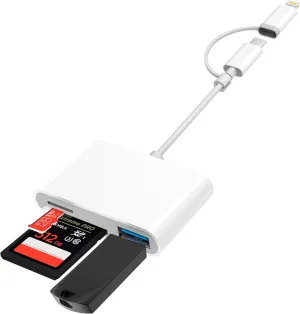 USB C SD Card Reader, DCNETWORK Dual Connector (USB-C&Lightning) Memory Card Reader with SD MicroSD USB 3 Port for iPhone 15 Pro Max iPad Pro MacBook Pro/Air iMac Android Phone Tablet, white