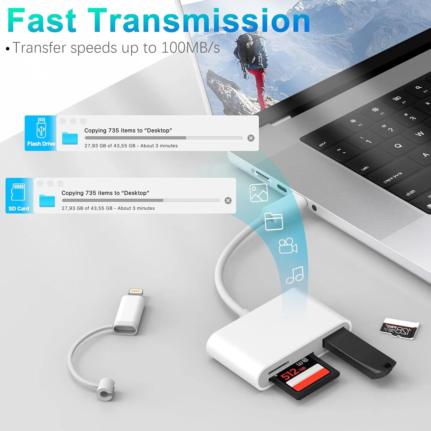 USB C SD Card Reader, DCNETWORK Dual Connector (USB-C&Lightning) Memory Card Reader with SD MicroSD USB 3 Port for iPhone 15 Pro Max iPad Pro MacBook Pro/Air iMac Android Phone Tablet, white