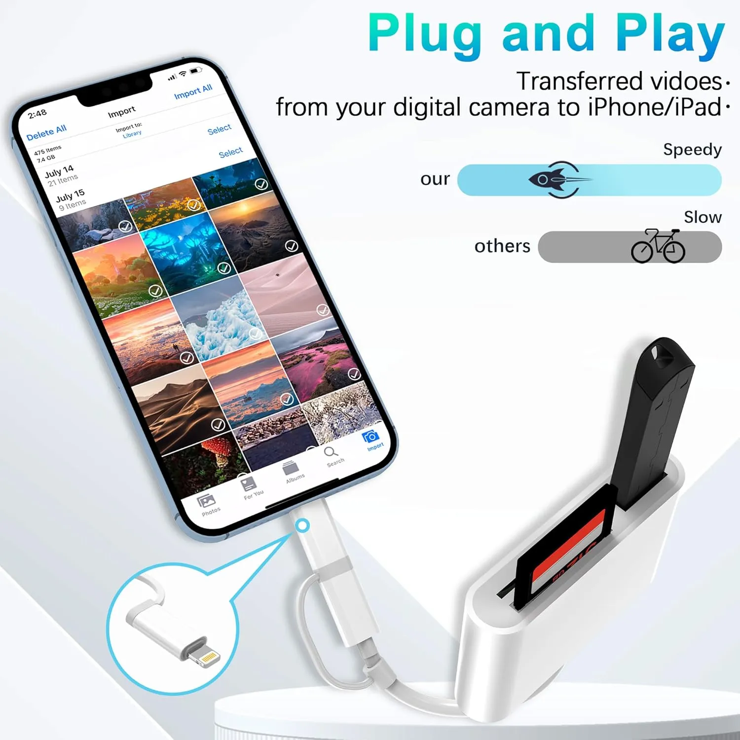 USB C SD Card Reader, DCNETWORK Dual Connector (USB-C&Lightning) Memory Card Reader with SD MicroSD USB 3 Port for iPhone 15 Pro Max iPad Pro MacBook Pro/Air iMac Android Phone Tablet, white