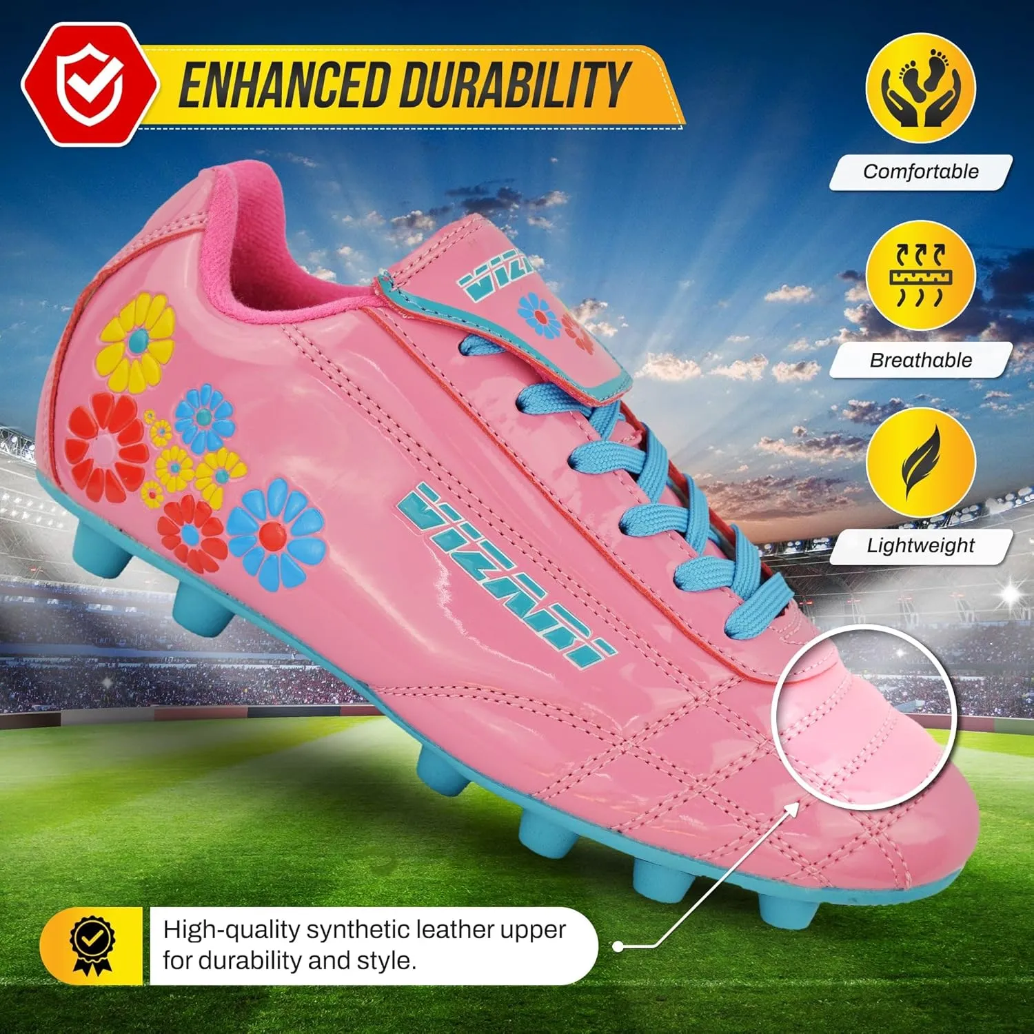 Vizari Blossom FG Soccer Shoe for Toddler/Little Kid | Synthetic Leather, Machine Washable, Unique Graphics, Comfortable Design, Durable Rubber Outsole (Toddler/Little Kid)