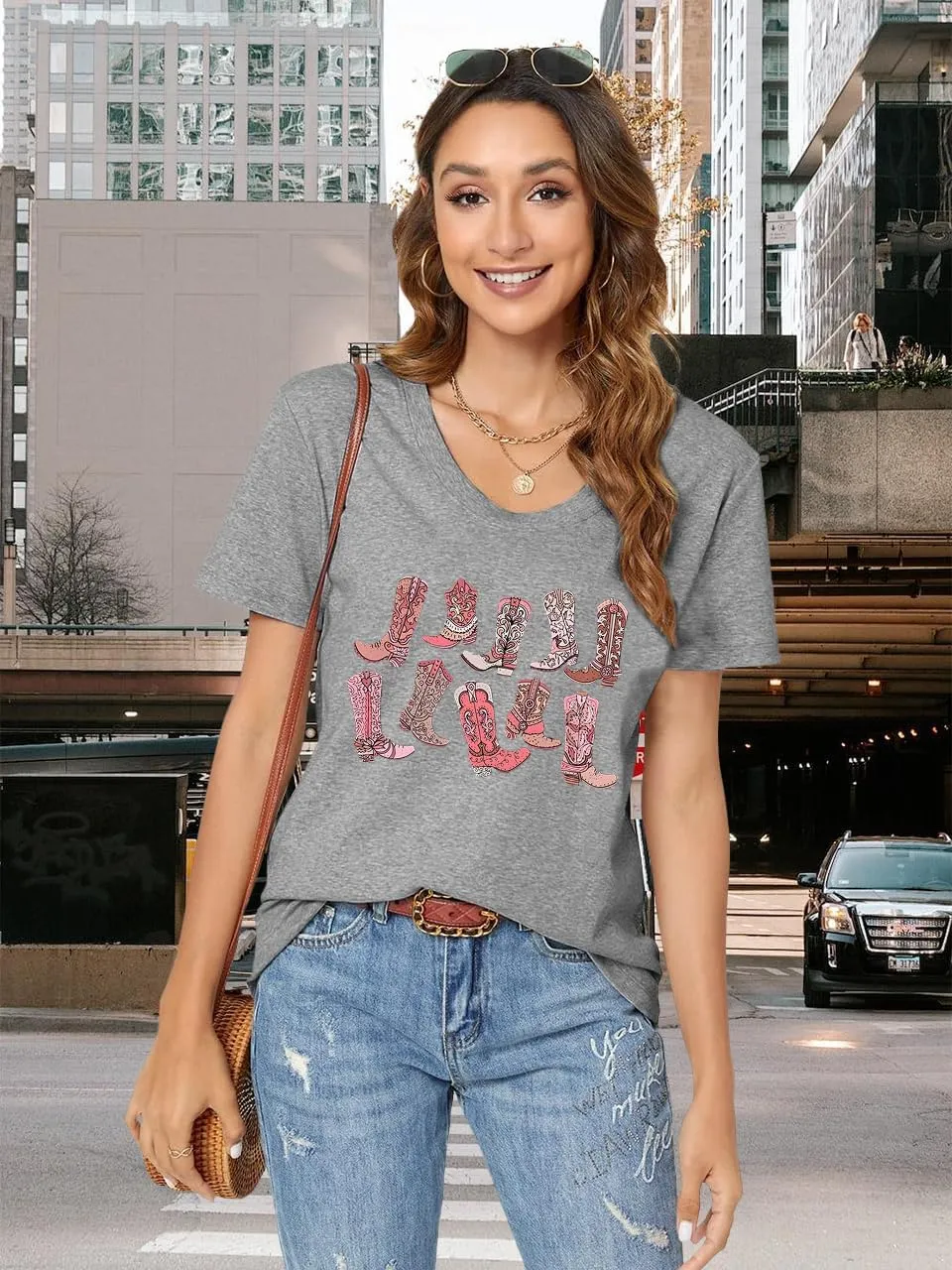 Western Country Shirt for Women Cowgirl Cartoon Boots V Neck Short Sleeve Tops Vintage Cowboy Graphic Tees