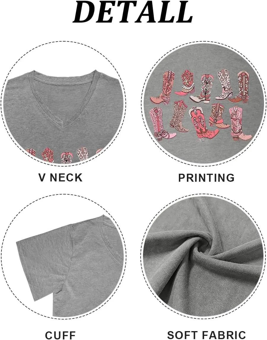 Western Country Shirt for Women Cowgirl Cartoon Boots V Neck Short Sleeve Tops Vintage Cowboy Graphic Tees