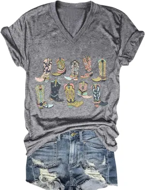Western Country Shirt for Women Cowgirl Cartoon Boots V Neck Short Sleeve Tops Vintage Cowboy Graphic Tees