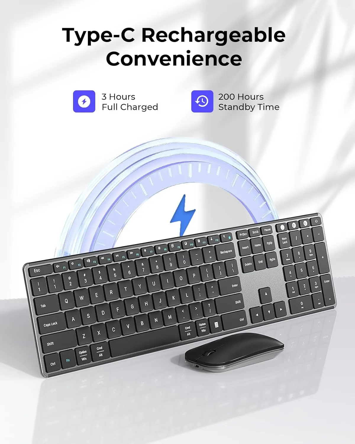 Wireless Bluetooth Keyboard and Mouse Combo (USB   Dual BT), seenda Multi-Device Rechargeable Slim Keyboard and Mouse, Compatible for Win 7/8/10, MacBook Pro/Air, iPad, Tablet - Black Gray