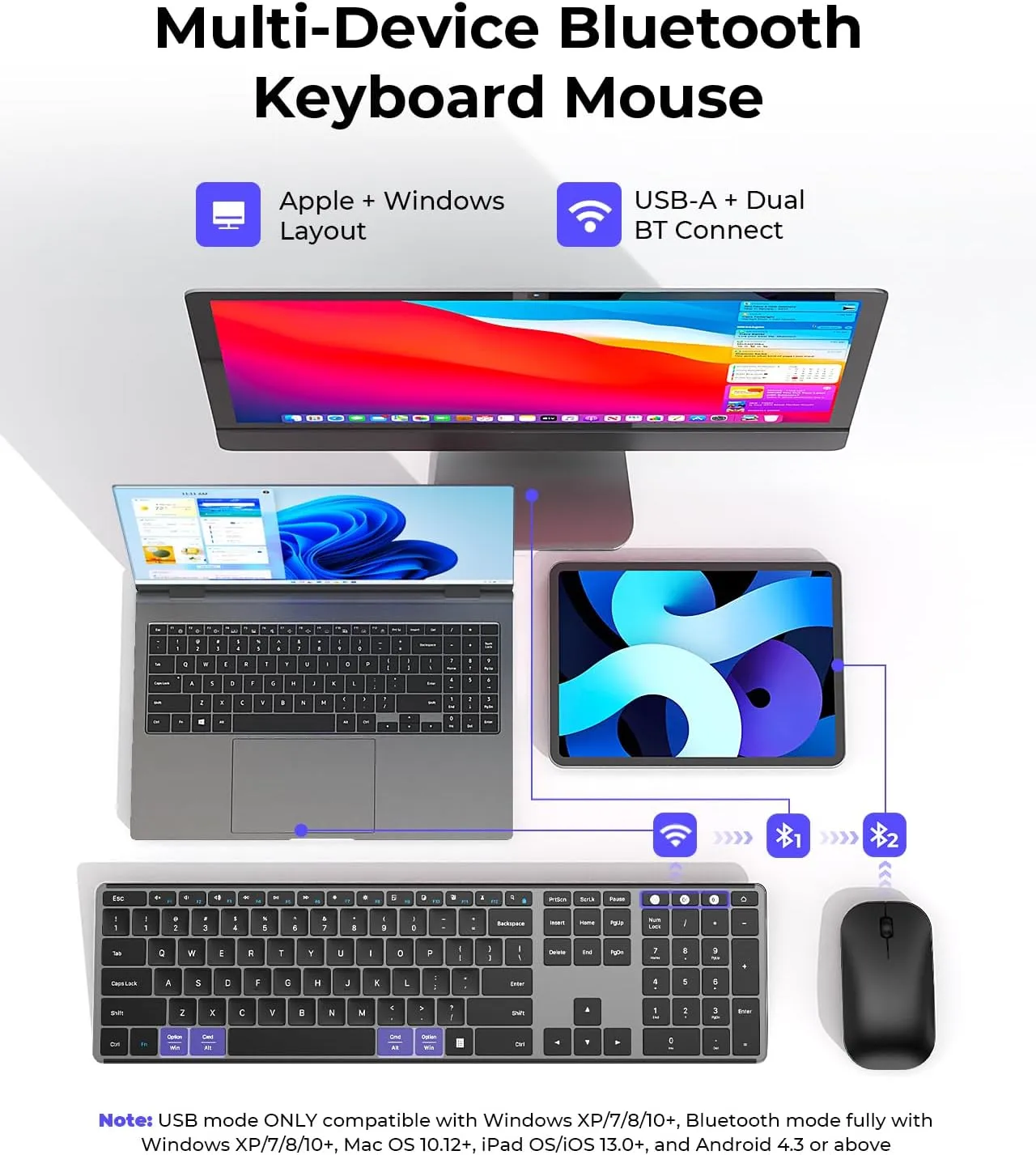 Wireless Bluetooth Keyboard and Mouse Combo (USB   Dual BT), seenda Multi-Device Rechargeable Slim Keyboard and Mouse, Compatible for Win 7/8/10, MacBook Pro/Air, iPad, Tablet - Black Gray