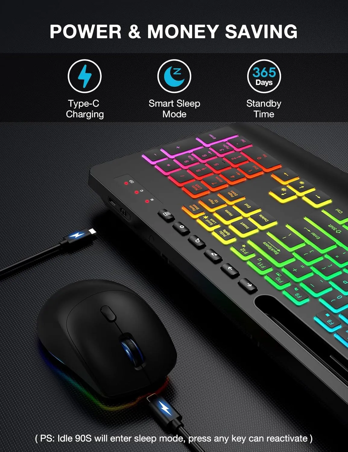 Wireless Keyboard and Mouse Combo, 9 Backlit Effects, Wrist Rest, Phone Holder, 2.4G Lag-Free Ergonomic Keyboards, Rechargeable Silent Cordless Set for Computer, Laptop, PC, Mac, Windows -SABLUTE