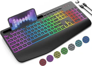 Wireless Keyboard with 8 Colored, 9 Effects Backlits, Wrist Rest, Phone Holder, Rechargeable Ergonomic Computer Keyboard with Silent Keys, 2.4G Lag-Free Cordless Set for PC, Laptop, Windows, MacBook