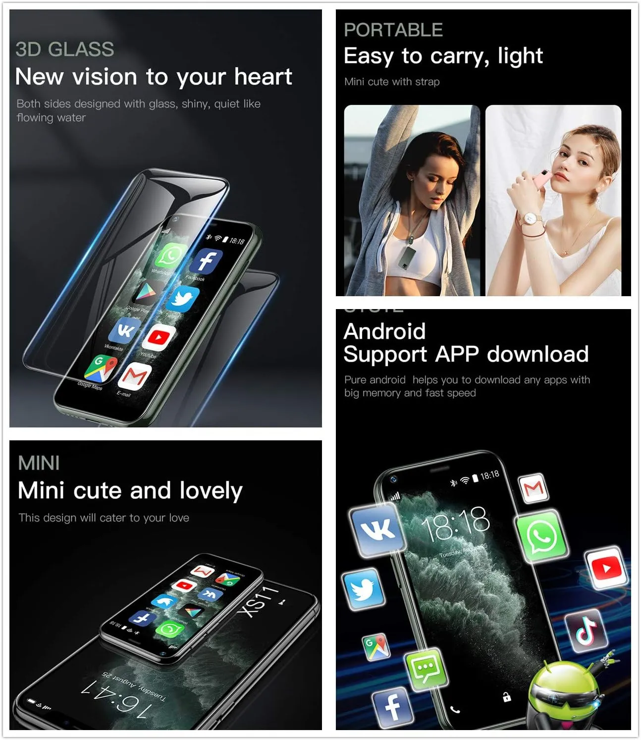 XS11 3G Mini Smartphone 2.5Inch WiFi GPS China Mobile Upgraded RAM 2GB ROM 16GB Quad Core Android Cell Phones Slim Body HD Camera Dual Sim Compatible with Google Play Cute Smartphone (Black)