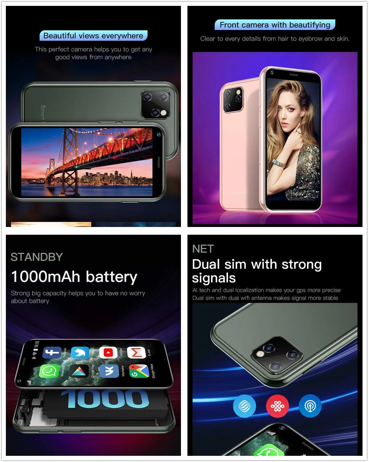 XS11 3G Mini Smartphone 2.5Inch WiFi GPS China Mobile Upgraded RAM 2GB ROM 16GB Quad Core Android Cell Phones Slim Body HD Camera Dual Sim Compatible with Google Play Cute Smartphone (Black)