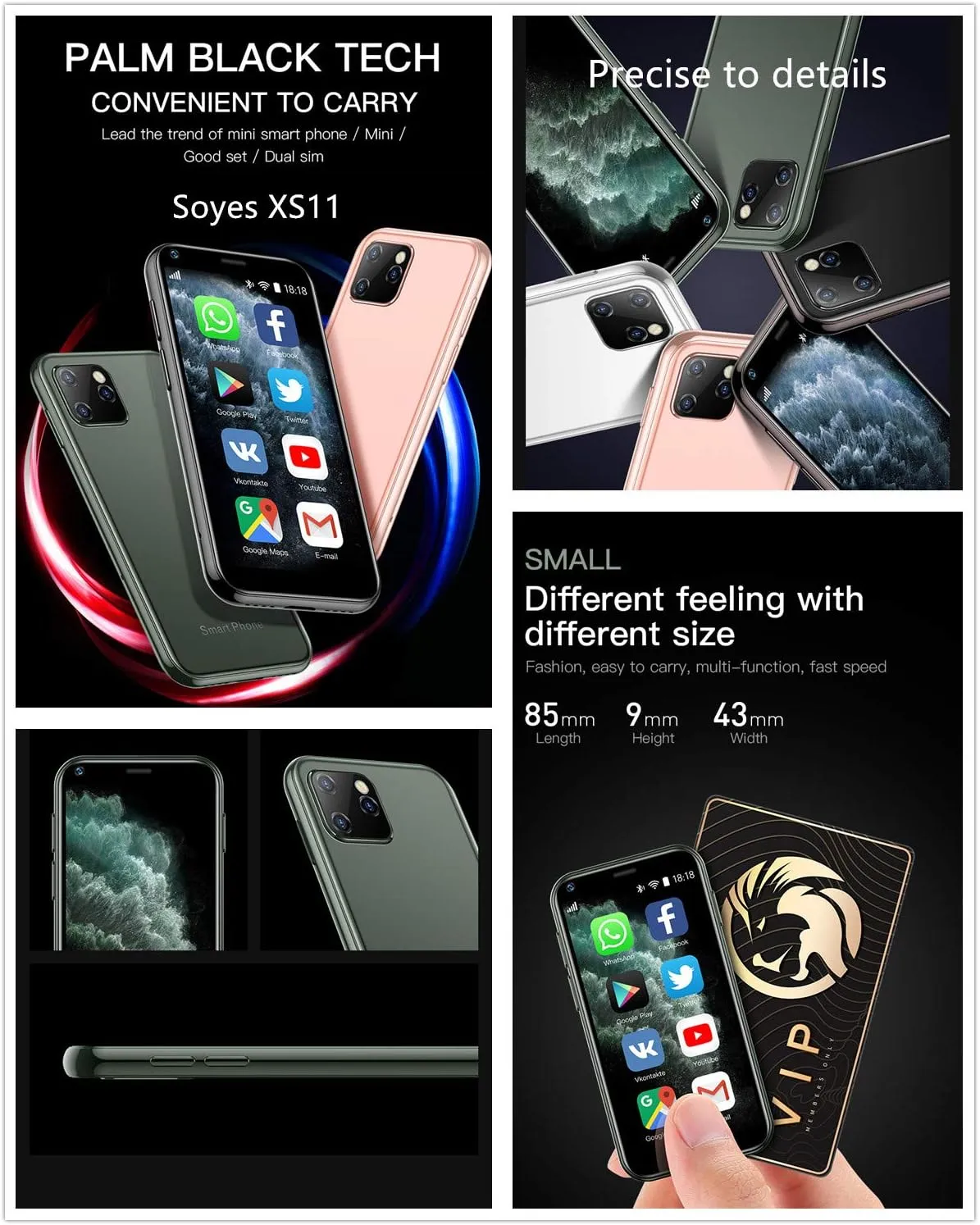 XS11 3G Mini Smartphone 2.5Inch WiFi GPS China Mobile Upgraded RAM 2GB ROM 16GB Quad Core Android Cell Phones Slim Body HD Camera Dual Sim Compatible with Google Play Cute Smartphone (Black)