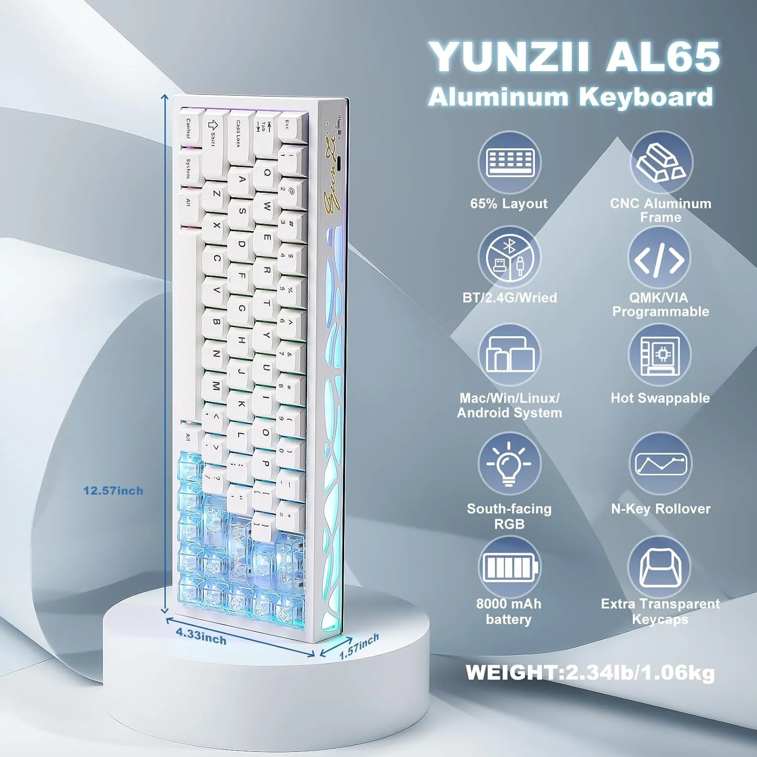 YUNZII AL65 Wireless Mechanical Keyboard, Full Aluminum CNC,Support QMK/VIA Software Gasket Structure,60% Hot Swappable with RGB Backlit BT/2.4G/USB-C for Mac/Windows(White, Gateron Zero)