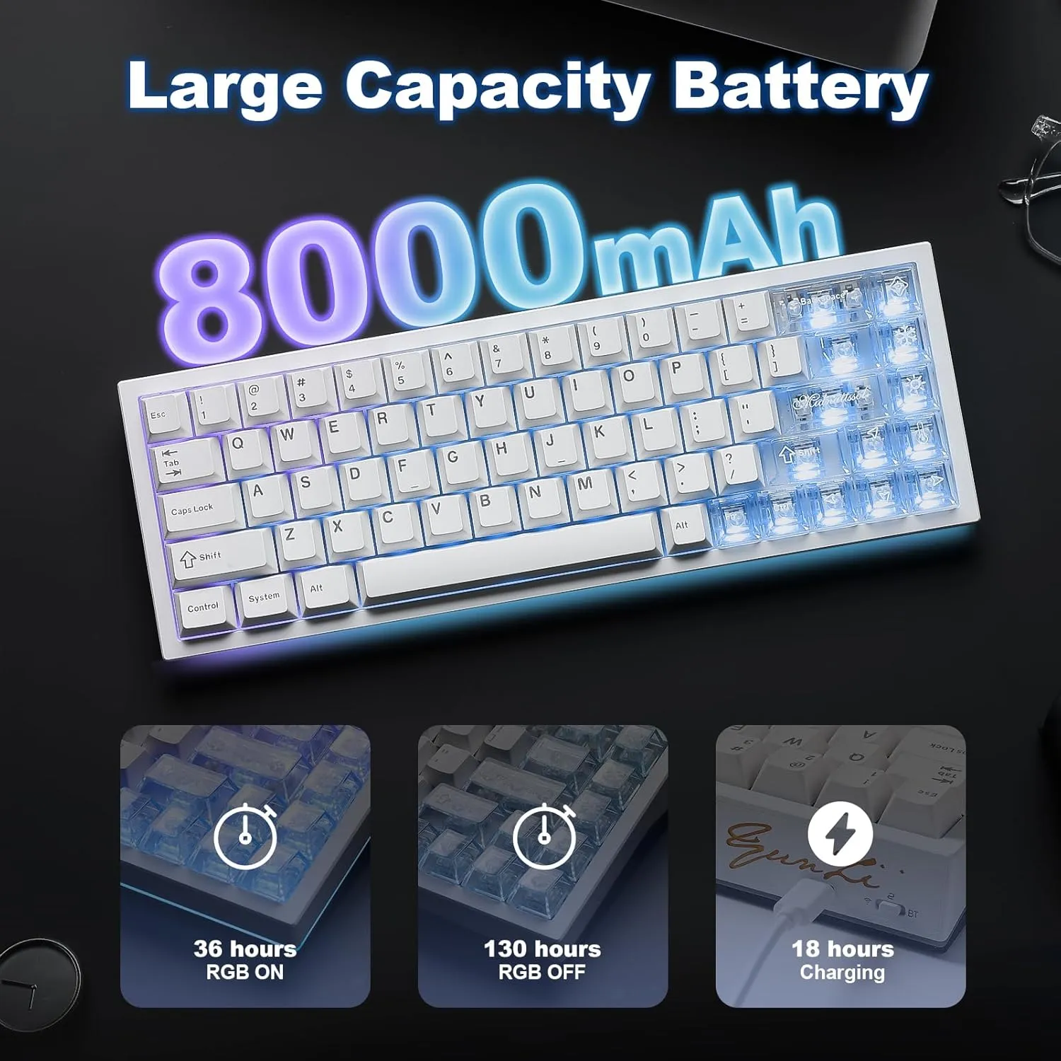 YUNZII AL65 Wireless Mechanical Keyboard, Full Aluminum CNC,Support QMK/VIA Software Gasket Structure,60% Hot Swappable with RGB Backlit BT/2.4G/USB-C for Mac/Windows(White, Gateron Zero)