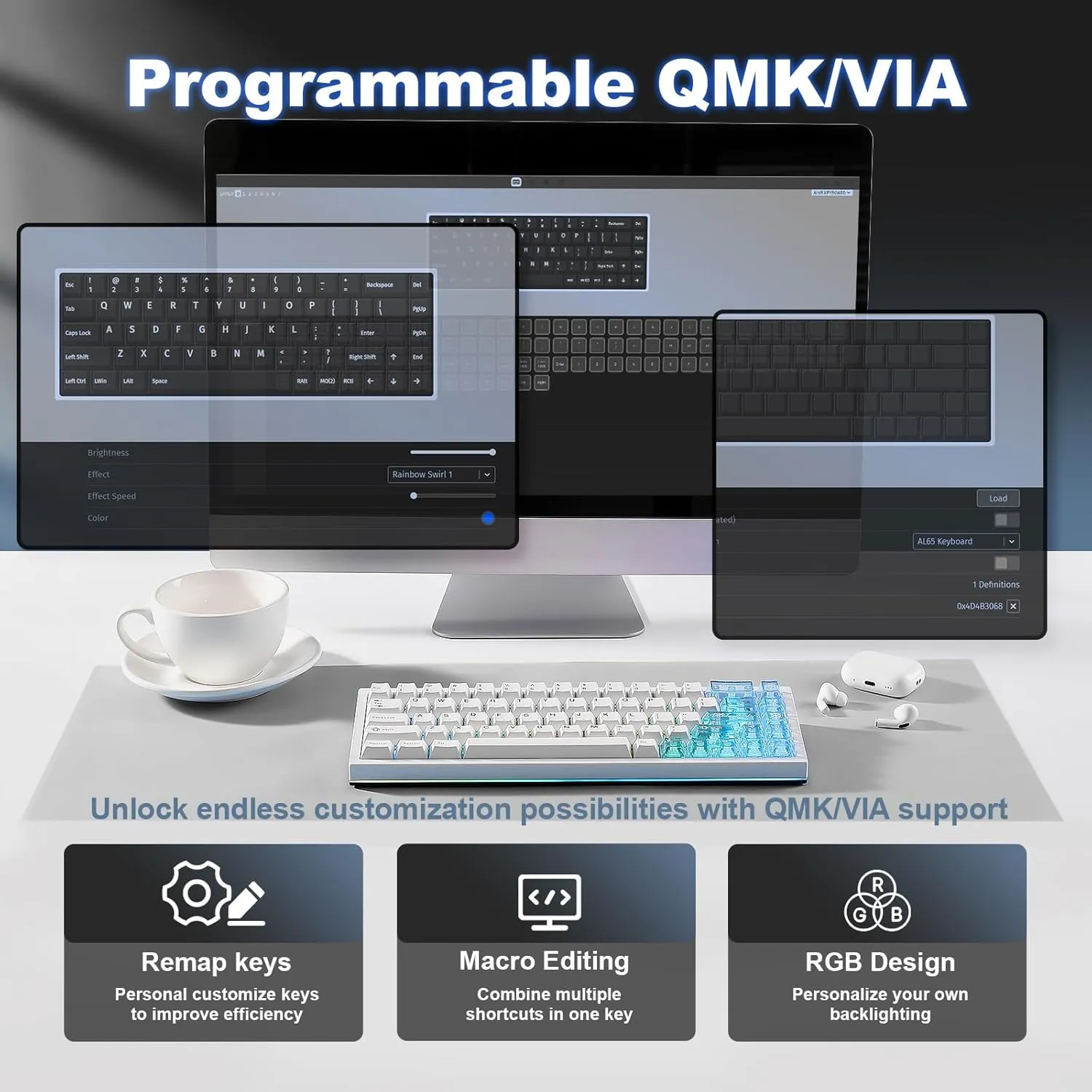 YUNZII AL65 Wireless Mechanical Keyboard, Full Aluminum CNC,Support QMK/VIA Software Gasket Structure,60% Hot Swappable with RGB Backlit BT/2.4G/USB-C for Mac/Windows(White, Gateron Zero)