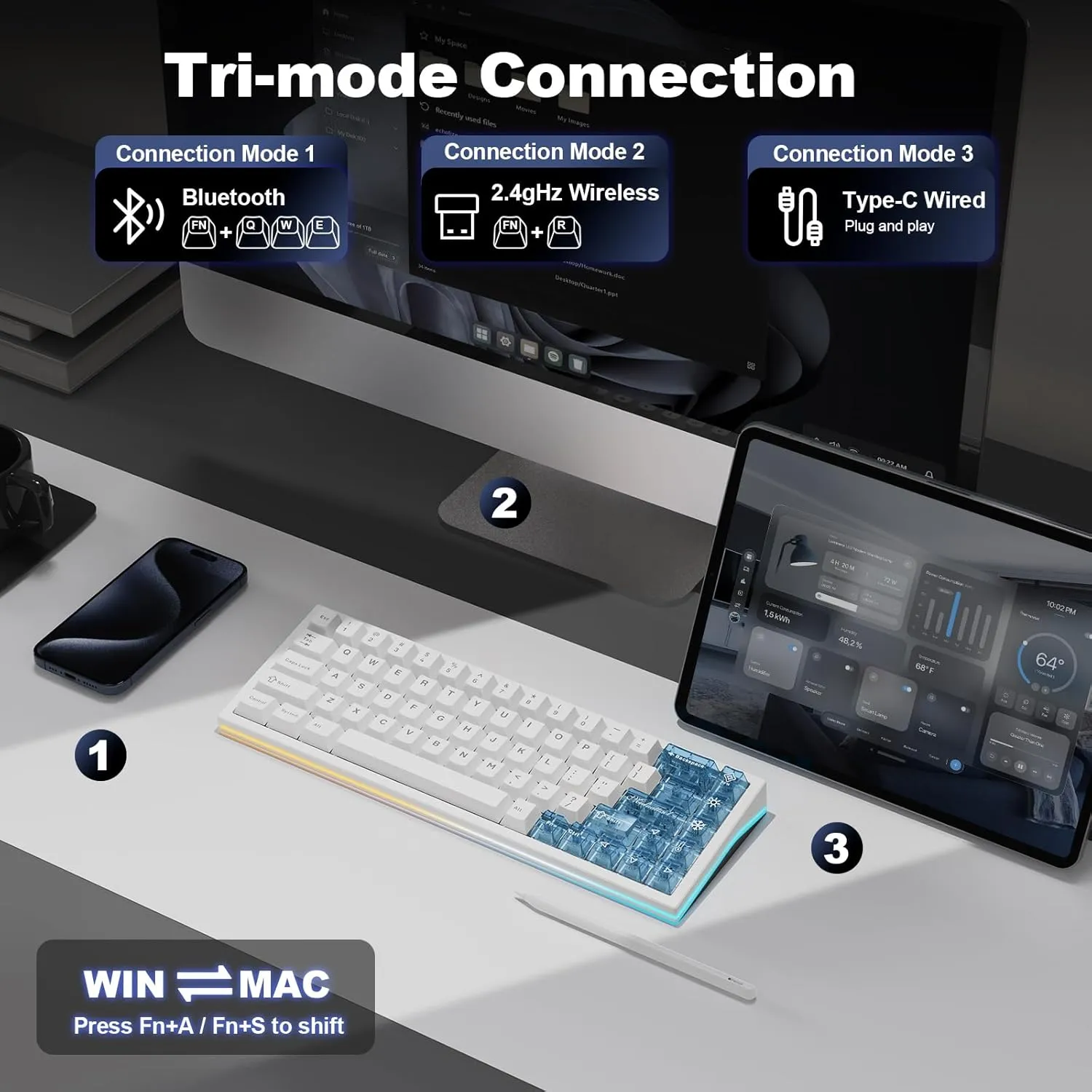 YUNZII AL65 Wireless Mechanical Keyboard, Full Aluminum CNC,Support QMK/VIA Software Gasket Structure,60% Hot Swappable with RGB Backlit BT/2.4G/USB-C for Mac/Windows(White, Gateron Zero)