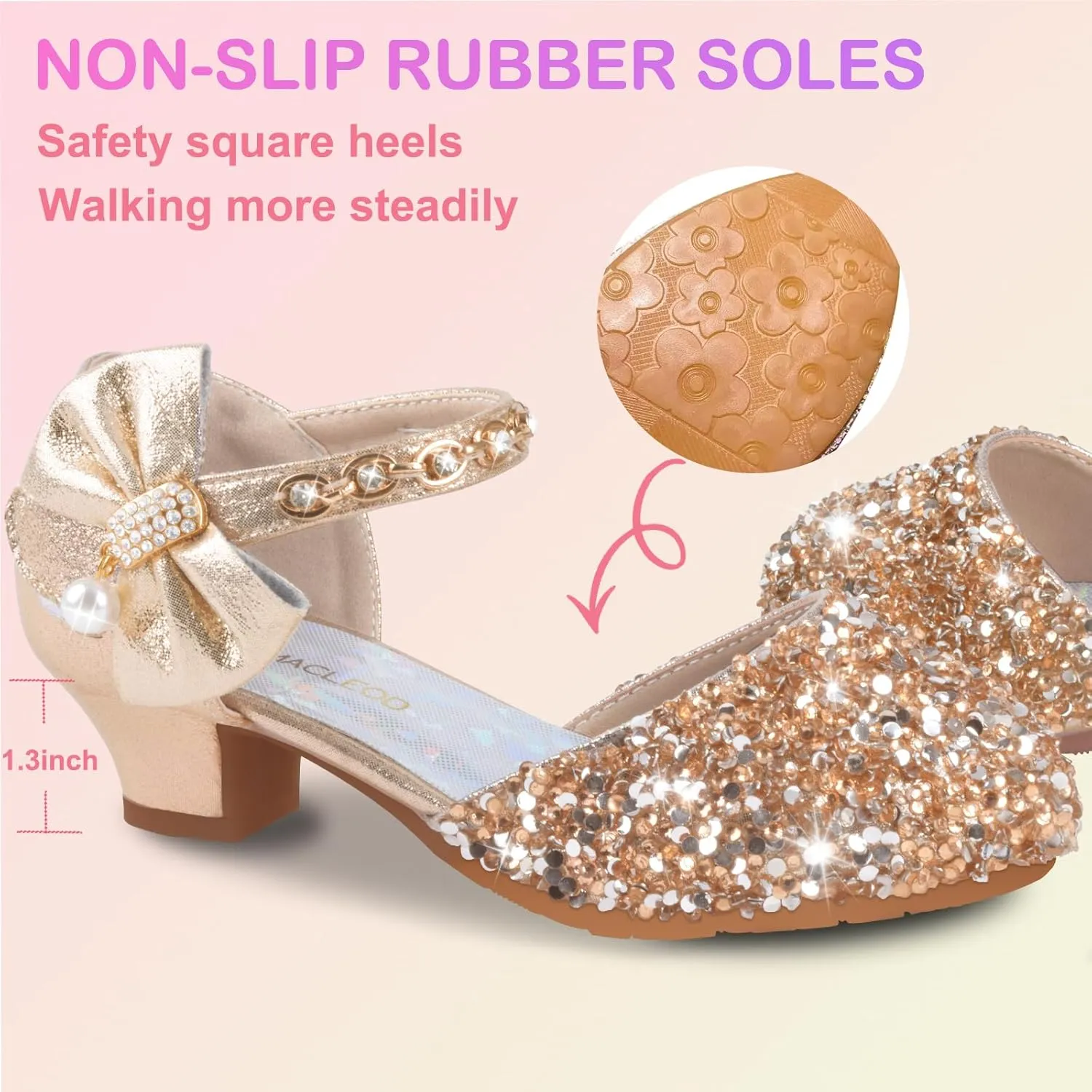 ZGDG Girls Dress Shoes Low Heel Princess Flats Mary Jane Flower Glitter Shoes Wedding Birthday Party Prom Sequins Sandals for Toddler Little Big Kids