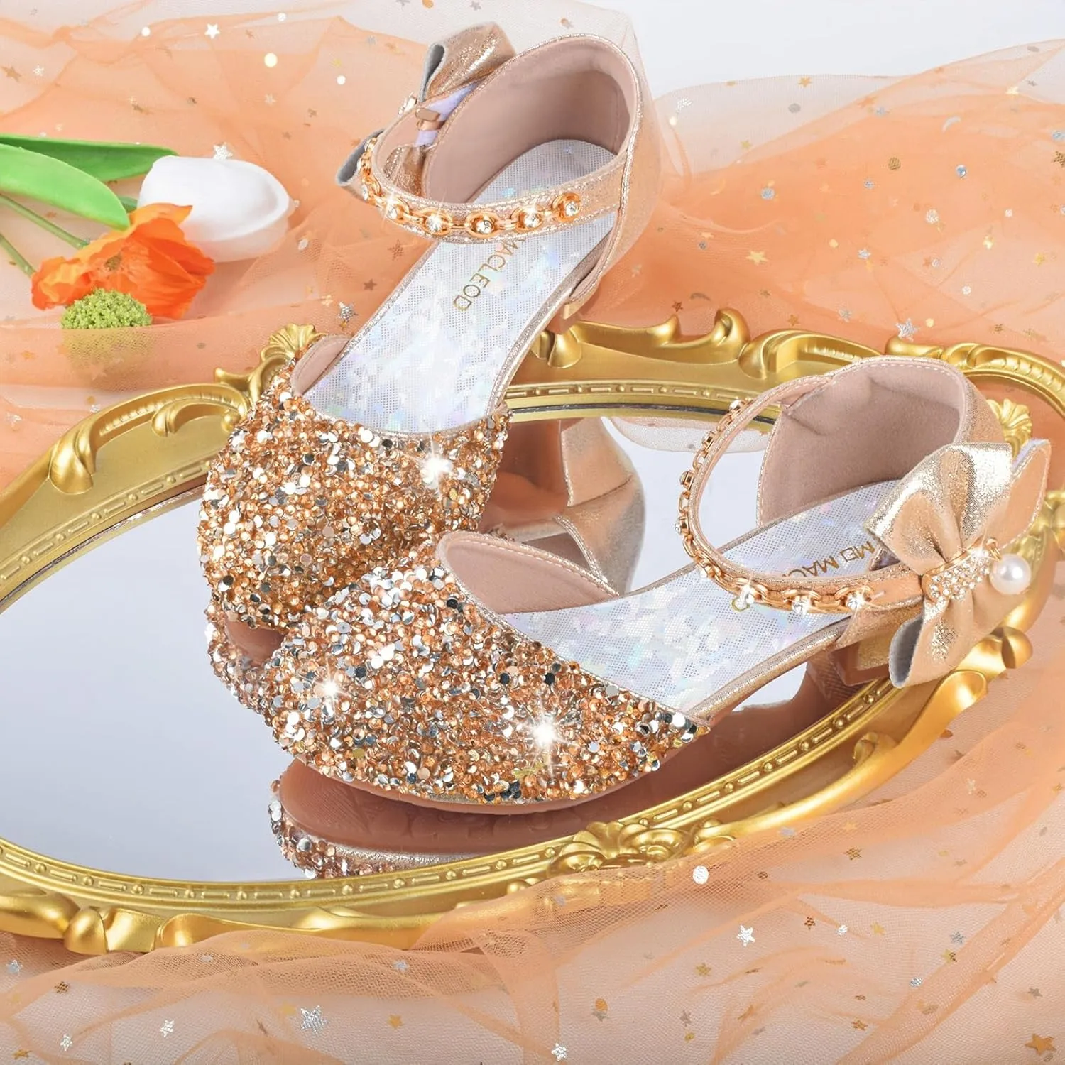 ZGDG Girls Dress Shoes Low Heel Princess Flats Mary Jane Flower Glitter Shoes Wedding Birthday Party Prom Sequins Sandals for Toddler Little Big Kids