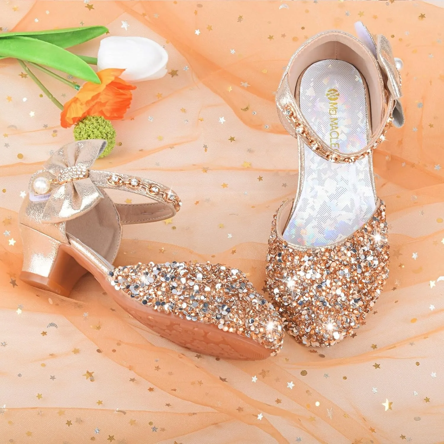 ZGDG Girls Dress Shoes Low Heel Princess Flats Mary Jane Flower Glitter Shoes Wedding Birthday Party Prom Sequins Sandals for Toddler Little Big Kids